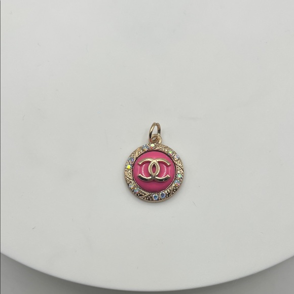 Upcycled Jewelry - 883. Designer Pink and Gold Logo Charm